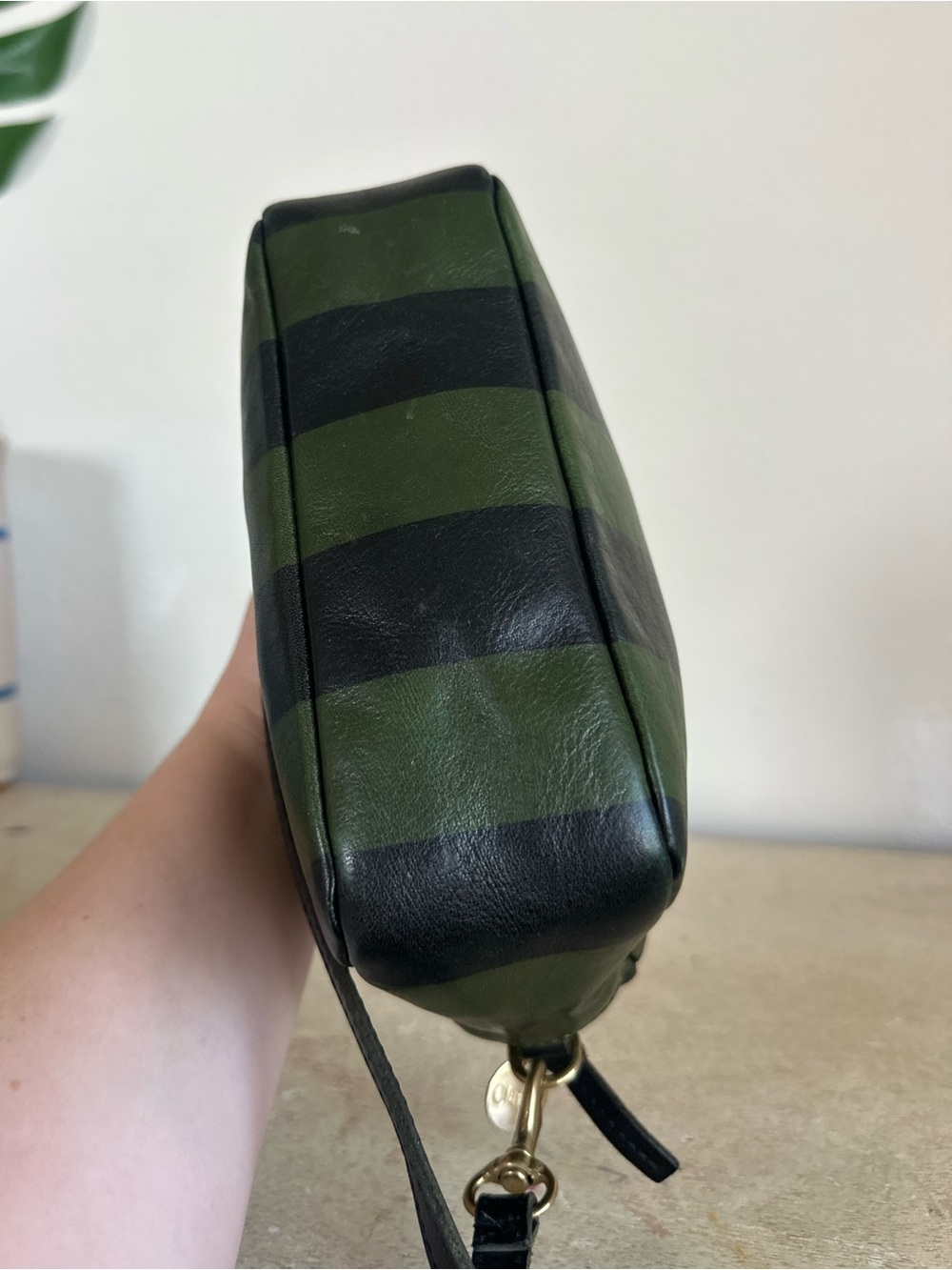 Clare V Striped Leather Crossbody Midi Sac Bag in Black/Fern Stripe - Picture 9 of 16